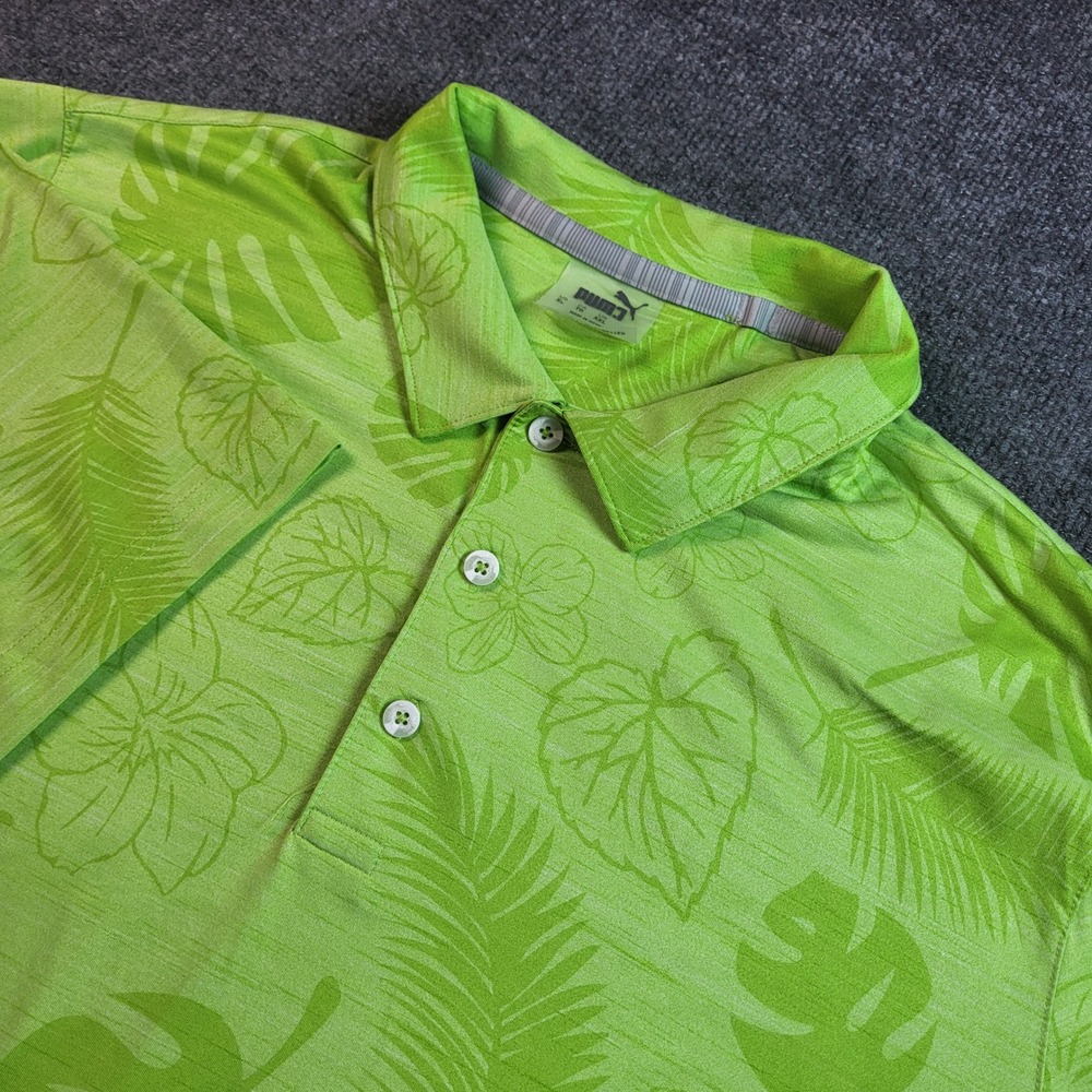 Puma Golf Polo Shirt Mens XL Green Tropical Floral Palm Leaf Performance Short